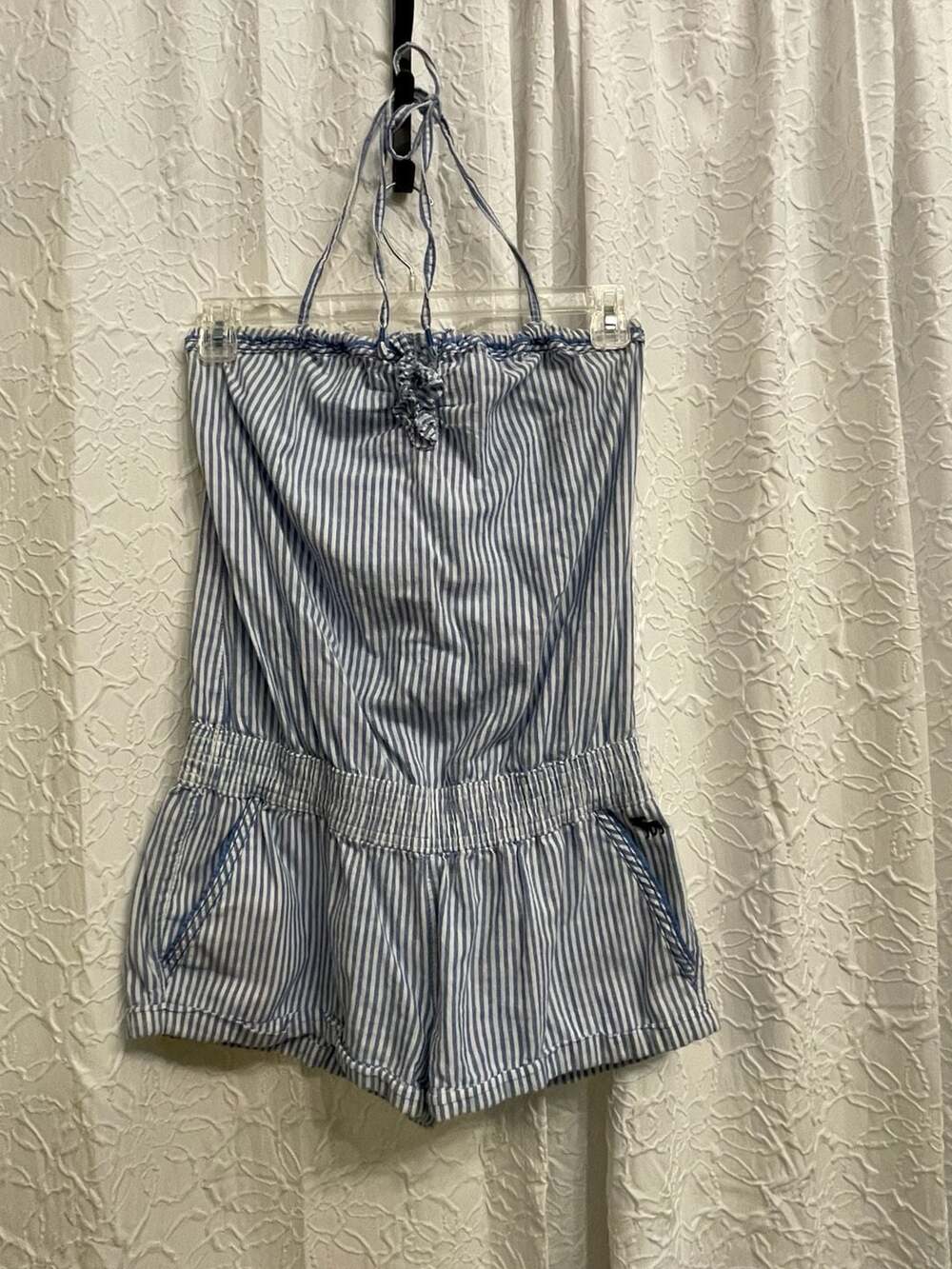 Abercrombie & Fitch Blue White Striped Strapless Smocked Halter Romper